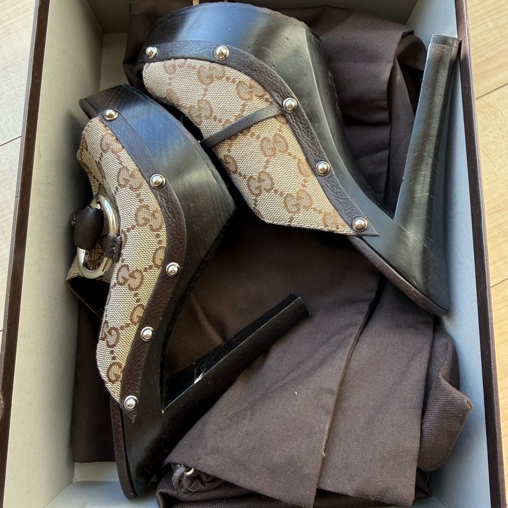 Gucci Brown and Beige GG Canvas Platform Mules